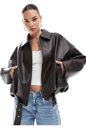 Pull&Bear Oversized faux leather biker jacket in chocolate