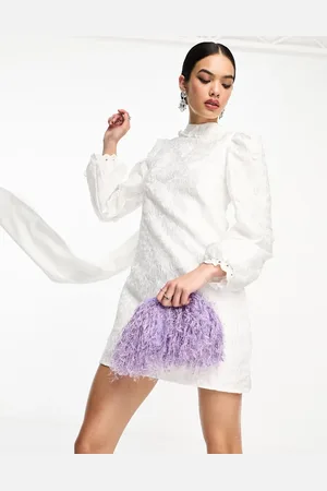 Sister Jane Dream long sleeve jacquard mini dress with train in ivory