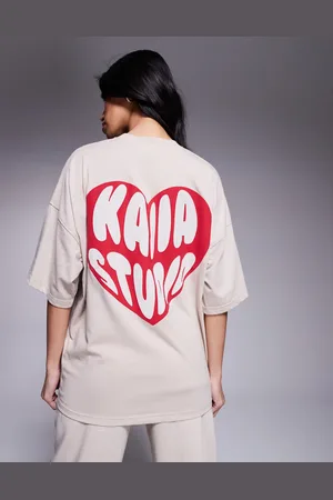 Kaiia Heart logo oversized tee co-ord in stone and red