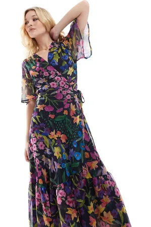 HOPE & IVY Flutter sleeve maxi wrap dress with tie waist in multi