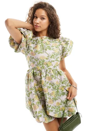 Sister Jane Puff sleeve bubble jacquard mini dress in pewter floral