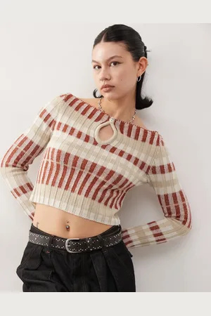 COLLUSION Plated key hole striped knitted top in