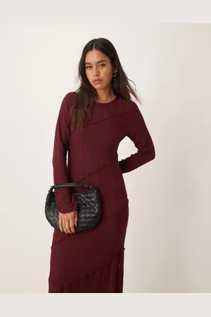 Miss Selfridge Mix texture long sleeve dress in burgundy