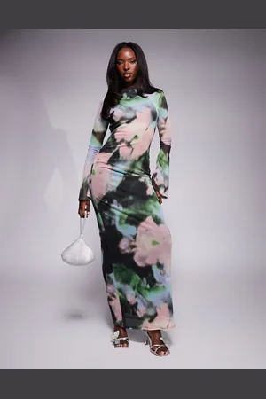 ASOS Low back floral mesh maxi dress with angel sleeves in green abstract print
