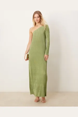 VILA Plisse one shoulder long sleeve maxi dress in sage