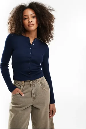 Miss Selfridge Button through rib crew neck cardigan in