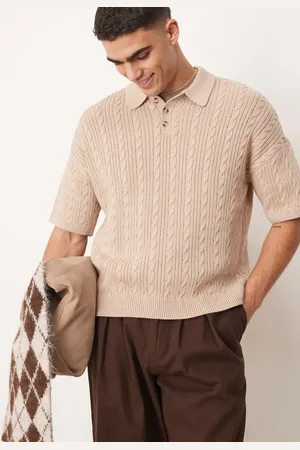 ASOS Relaxed boxy fit ribbed knitted polo in stone