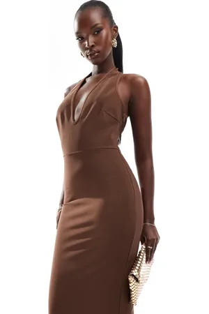 ASOS Bandage deep scoop halter neck midi dress in chocolate