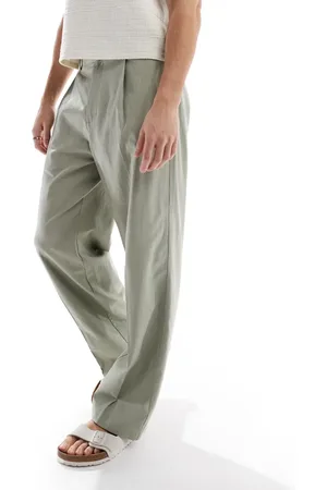 ASOS Smart wide leg linen blend trousers with front pleat in sage