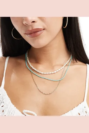 Orelia Plated turq & pearl 3 row necklace in turquoise