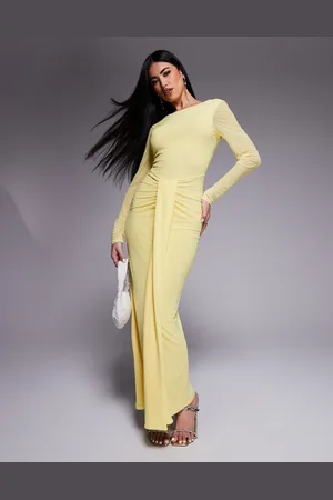 ASOS Mesh long sleeve slash neck open back maxi dress with sash in pastel