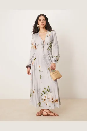 ASOS V-neck long sleeve midi dress with tie front detail in blue floral