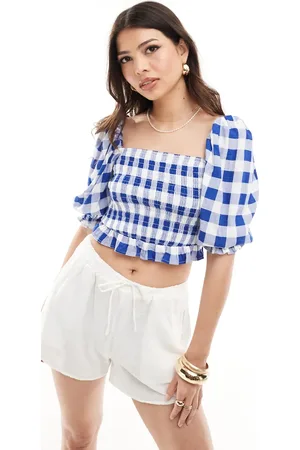 Stradivarius Square neck top in gingham print