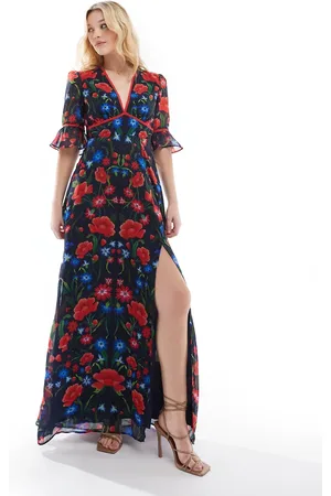 HOPE & IVY Frill sleeve thigh split open back maxi dress in red print