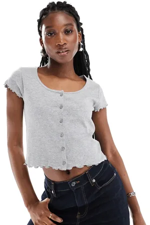 Monki Short sleeve button down lettuce edge top in melange