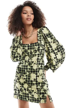 ASOS Square neck blouson sleeve mini dress in green and yellow floral print