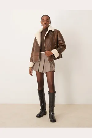 Pimkie Leather look borg collar aviator jacket in