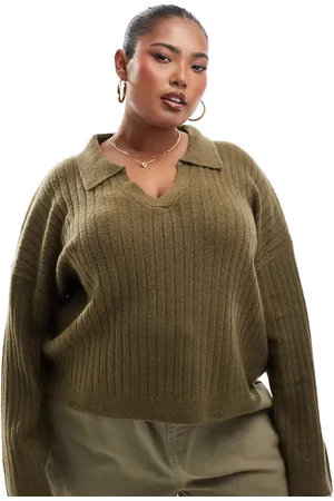 Brave Soul Plus v-neck polo jumper in khaki
