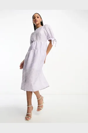 Monki Balloon sleeve floral shimmer brocade midi dress in lilac