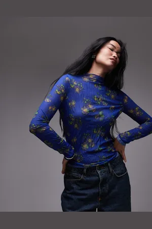 Topshop Floral print crinkle mesh long sleeve top in