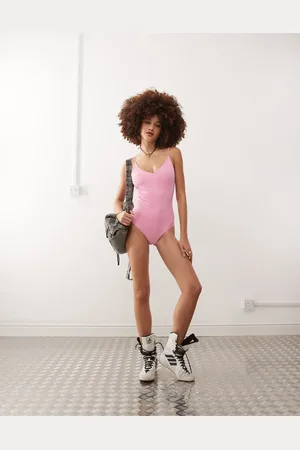 Monki Tie up back swimsuit in light dusty