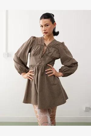 Reclaimed Mini smock dress with tie front in brown check