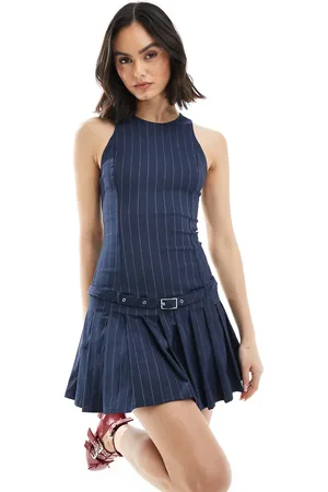 Bershka Halterneck tailored mini dress in navy stripe