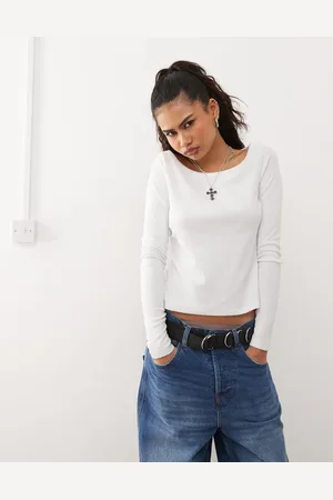 COLLUSION Pointelle scoop neck long sleeve top in