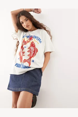 Reclaimed Oversized t-shirt with fish graphic in off