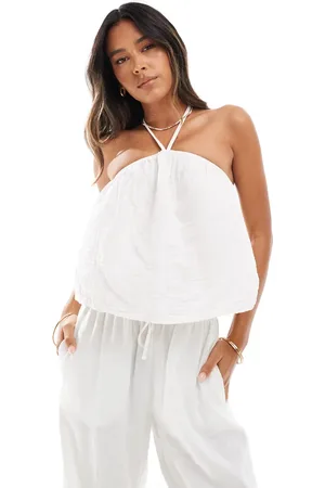 Pieces® Textured halterneck smock top in white