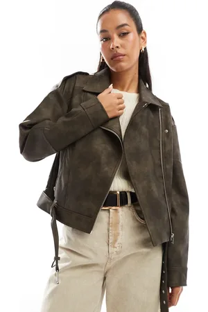 VILA Washed oversized leather look biker jacket in
