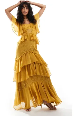 ASOS Flutter sleeve tiered midi dress with lace insert in mustard
