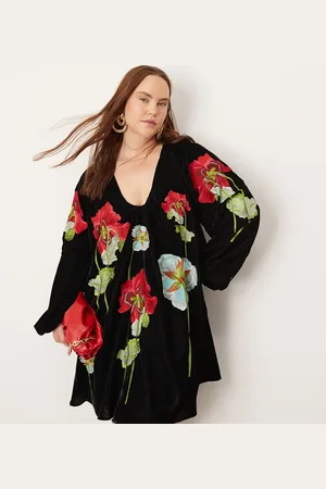ASOS Curve velvet embroidered floral plunge neck full mini dress in