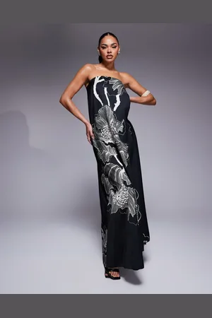 ASOS Bandeau trapeze satin maxi dress in oversized floral print