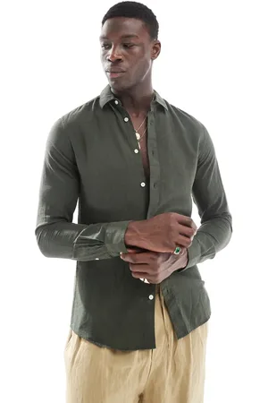 Only & Sons Linen mix long sleeve shirt in dark