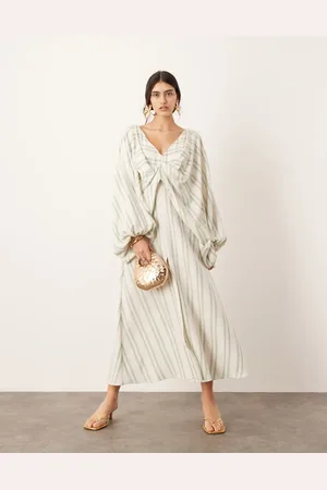 ASOS V neck drapey maxi dress in linen mix stripe