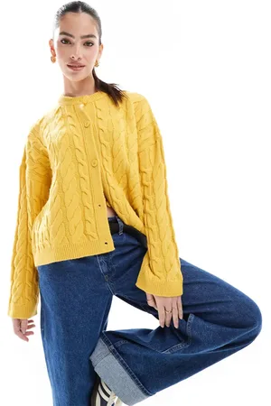 Miss Selfridge Chunky heavy weight cable knit cardigan in mustard
