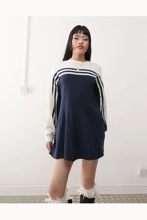 Monki Knitted sporty dress in beige & navy stripe
