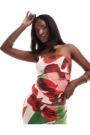 ASOS Co-ord slinky ruched side bandeau in oversize floral print