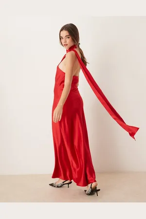 Gina Tricot Satin drape detail one shoulder scarf neck maxi dress in