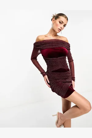 NaaNaa Bardot velvet mini dress with shimmer in burgundy