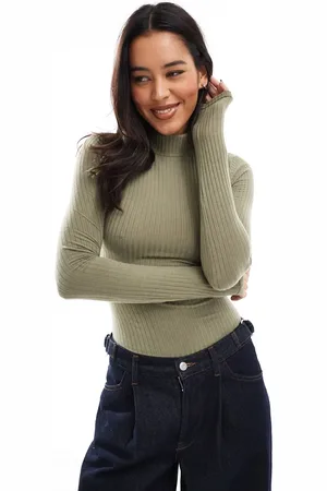 Miss Selfridge Mock neck soft rib bodysuit in khaki