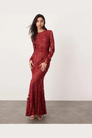 ASOS Embroidered floral long sleeve lace open back maxi dress in burgundy