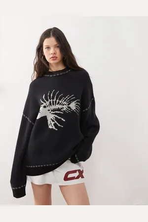 COLLUSION Unisex knitted sweater with fish bones print