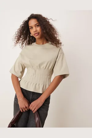 Gina Tricot Short sleeve corset pleated t-shirt in light stone beige