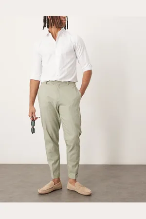 ASOS Smart tapered fit linen blend trousers in sage with turnups