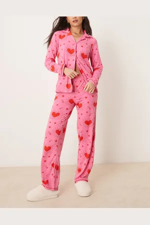 Urban Threads Long sleeve revere and trouser pyjama set in sparkle heart print