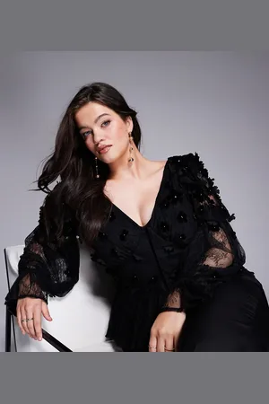 ASOS Curve mesh floral bardot long sleeved top with velvet flowers and pearl embellishment in