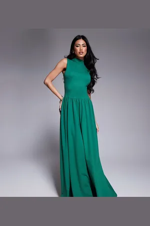 Kaiia Exclusive sleeveless high neck gathered skirt maxi dress in emerald