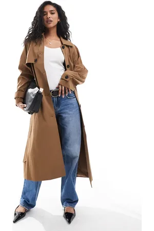 VILA Tie waist trench coat with button front detail in deep camel